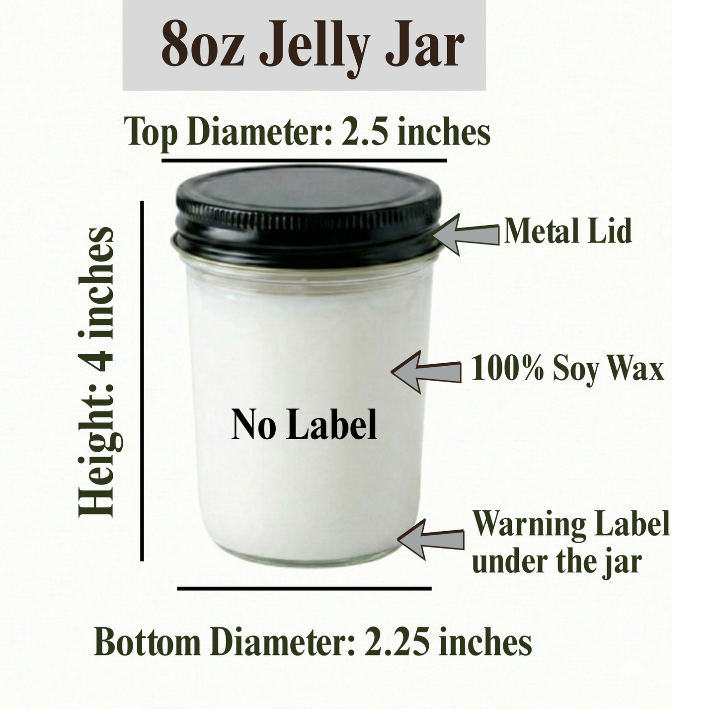 8 oz. Jelly Jar, pack of 10, Hand Poured in Small Batches, No Label 100% Soy Wax Candle with Black Lid for Boutique owner, Event Planner, Baby Shower, Weddings, Office Events and Milestone Celebration