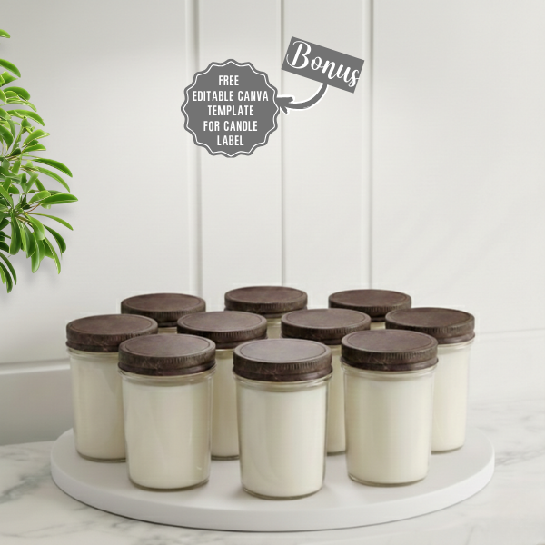8 oz. Jelly Jar, pack of 10, Hand Poured in Small Batches, No Label 100% Soy Wax Candle with Rustic Lid for Boutique owner, Market Vendors, Event Planner, Baby Shower, Weddings, Office Events and Milestone Celebration