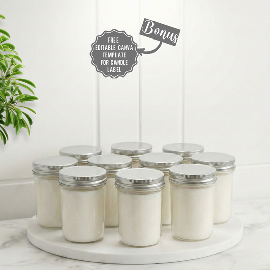 8 oz. Jelly Jar, pack of 10, Hand Poured in Small Batches, No Label 100% Soy Wax Candle with  Silver Lid for Boutique owner, Market Vendors, Event Planner, Baby Shower, Weddings, Office Events and Milestone Celebration
