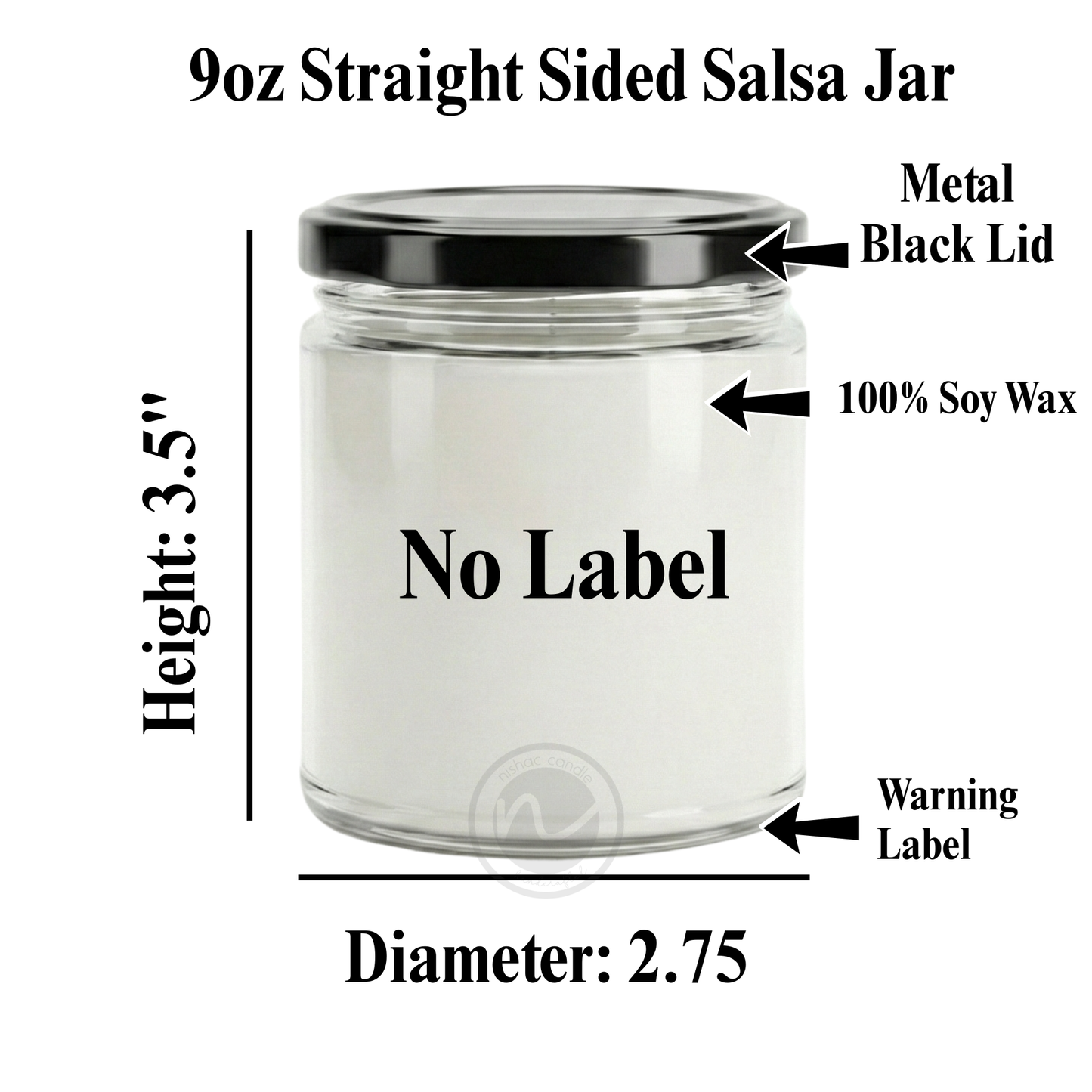 9oz Salsa Jar Soy Candle with Black Lid, Unbranded Handpoured 10 Counts Per Order