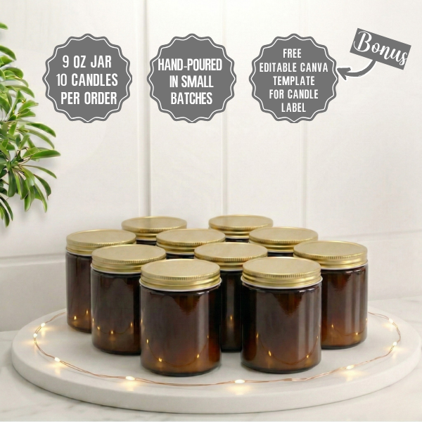 9 oz. Amber Jar, pack of 10, Hand Poured, No Label, 100% Soy Wax Candles