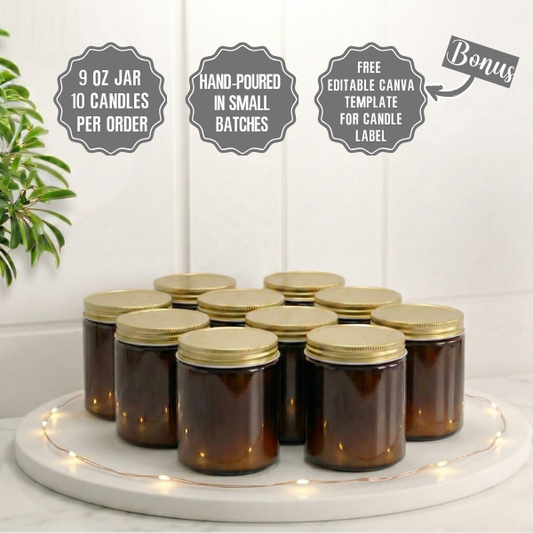 9 oz. Amber Jar, pack of 10, Hand Poured, No Label, 100% Soy Wax Candles