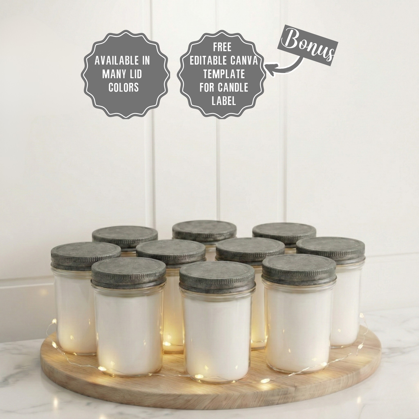 8 oz. Jelly Jar, pack of 10, No Label, 100% Soy Wax Candles (Pewter Lid)