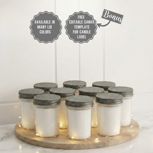8 oz. Jelly Jar, pack of 10, No Label, 100% Soy Wax Candles (Pewter Lid)