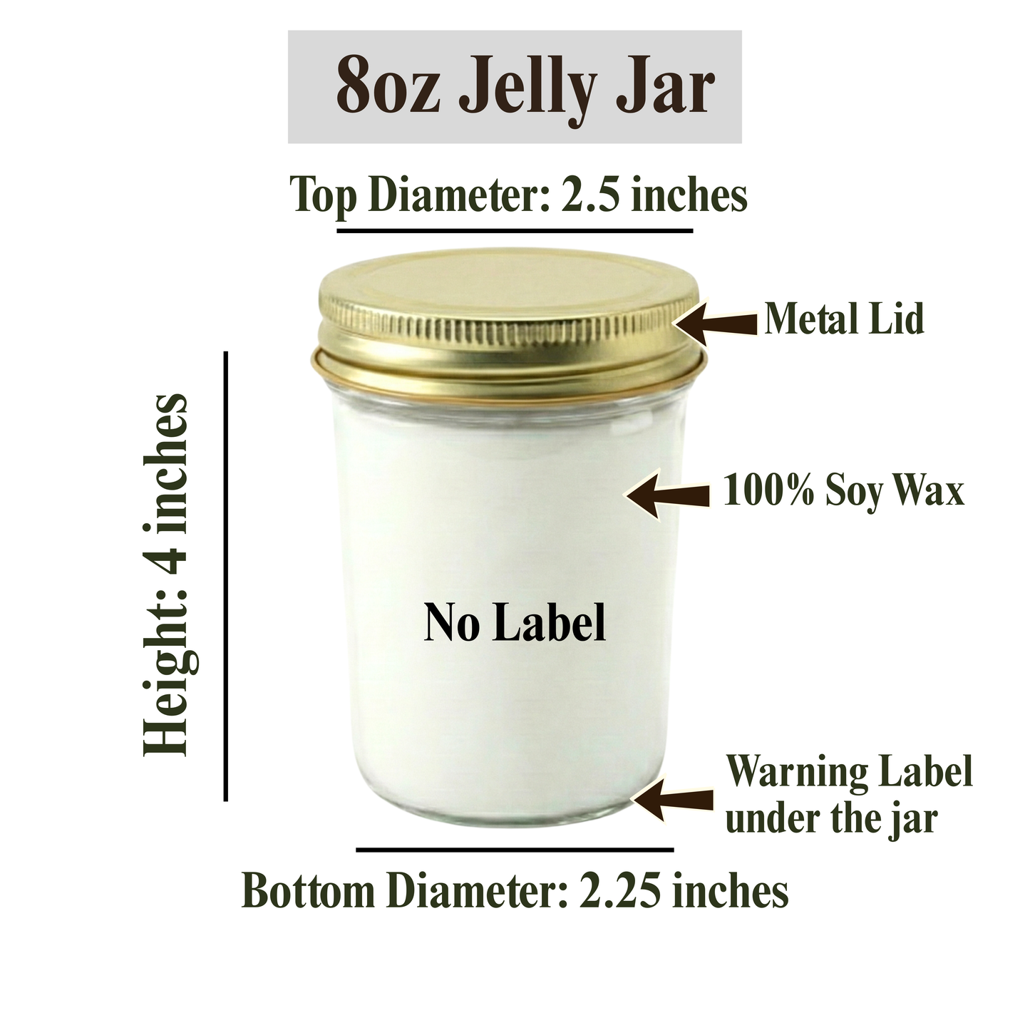 8oz Jelly Jar Soy Candle with Gold Lid, Unbranded, Handpoured, 10 Counts Per Order