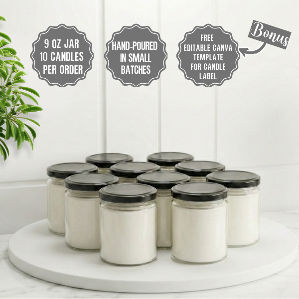 9oz Salsa Jar Soy Candle with Black Lid, Unbranded Handpoured 10 Counts Per Order