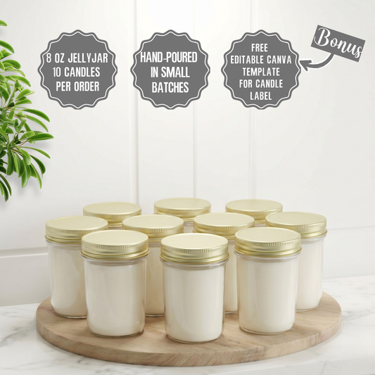 8oz Jelly Jar Soy Candle with Gold Lid, Unbranded, Handpoured, 10 Counts Per Order