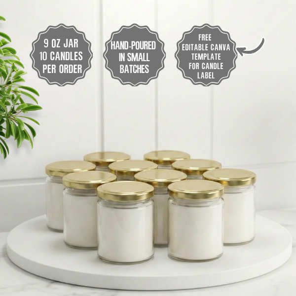 9oz Salsa Jar Soy Candle with Gold Lid, Unbranded Handpoured 10 Counts Per Order