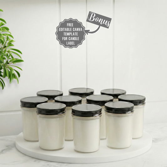 8 oz. Jelly Jar, pack of 10, Hand Poured in Small Batches, No Label 100% Soy Wax Candle with Black Lid for Boutique owner, Event Planner, Baby Shower, Weddings, Office Events and Milestone Celebration